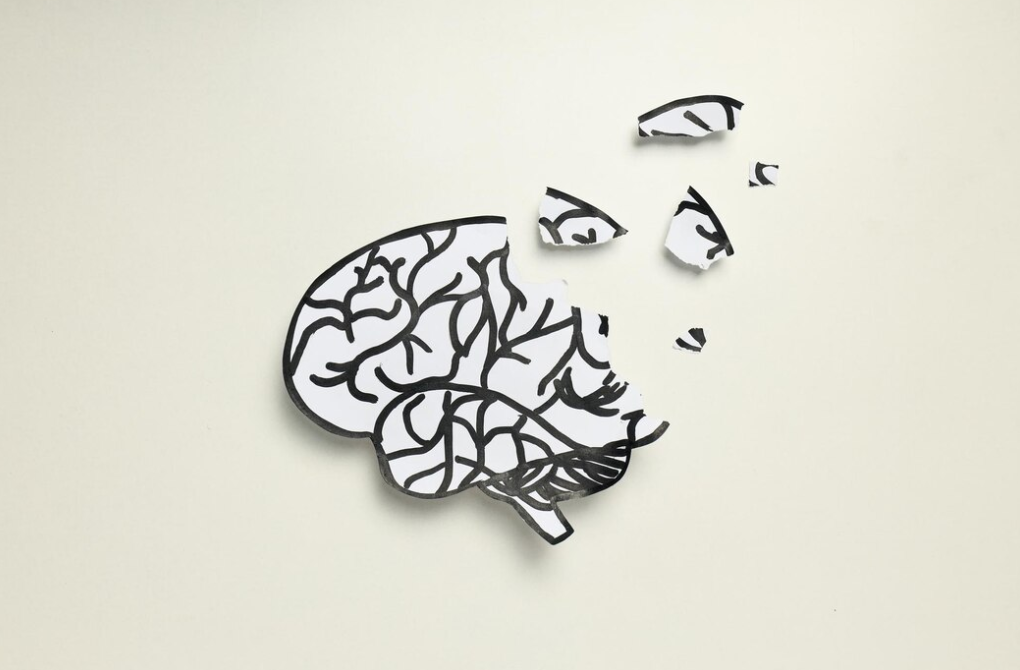 Paper brain silhouette breaking apart on a beige surface