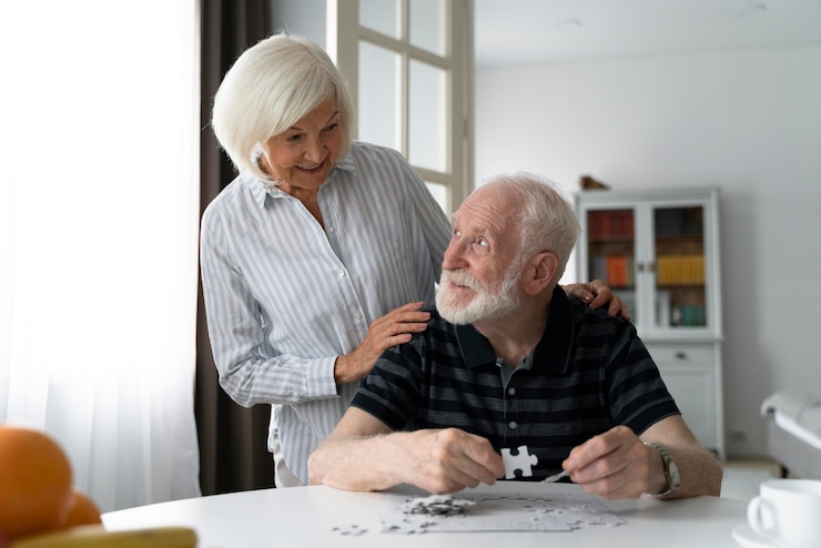 an elderly woman standing behind a seated elderly man, with her arm on his shoulders