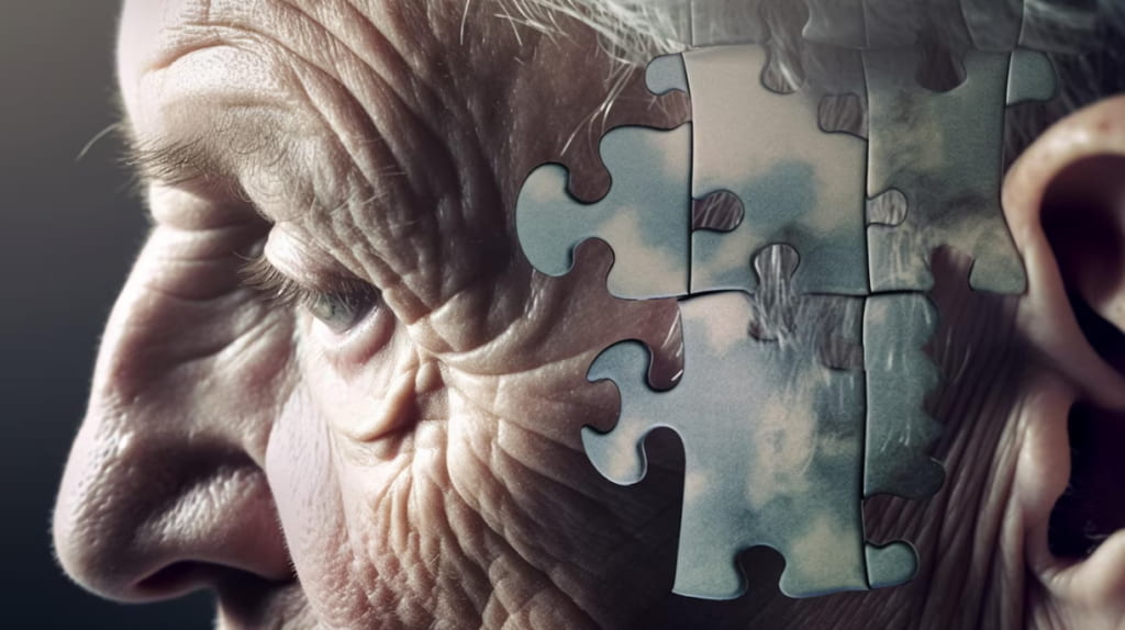 a side view of the human face as a puzzle, with pieces missing
