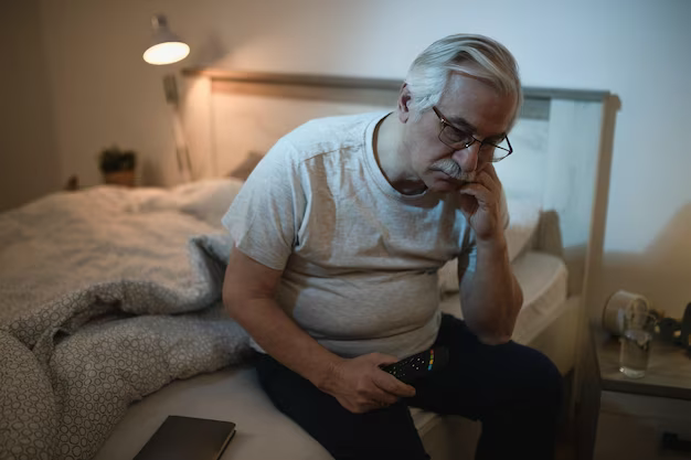 Sleepless mature man sitting on the sofa at night